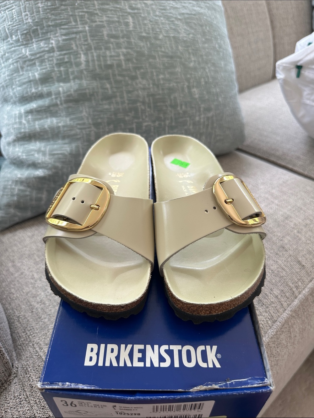 Birkenstock Madrid Big Buckle Single-Strap Sandals in Ecru with Gold Buckles
